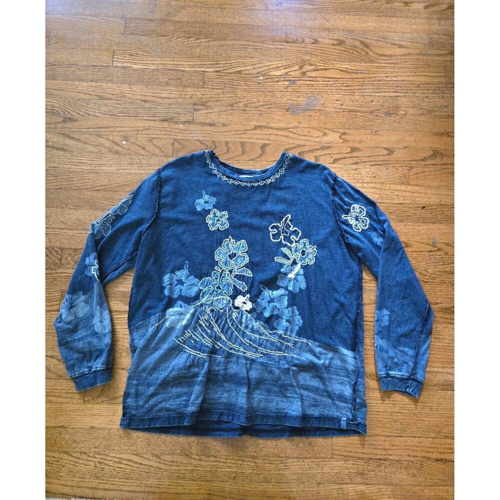 Free People We The Free Chasing Waves Blue Floral Embroidered Oversized LS Tee